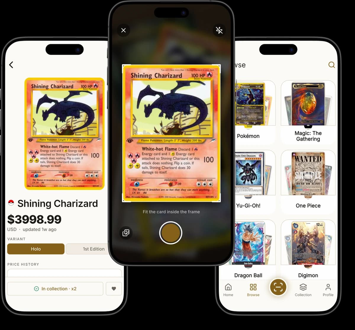 Kuji on an iPhone showing a scanned trading card with its market price and set details